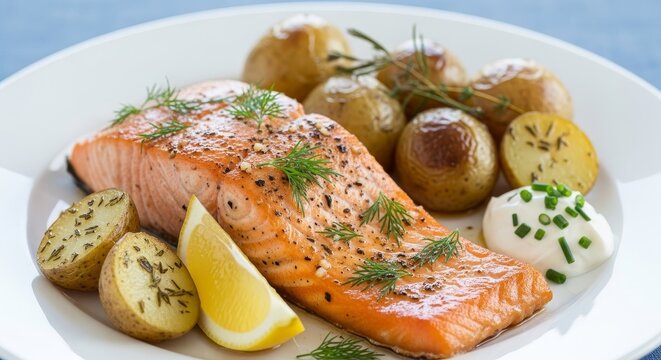 Grilled Salmon with Potatoes and Herbs.