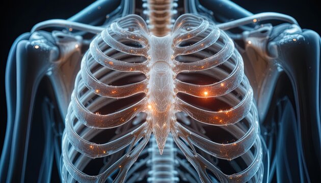 Rib Cage Anatomy with Glowing Energy: Detailed Illustration of Human Skeleton and Torso for Medical Visualization