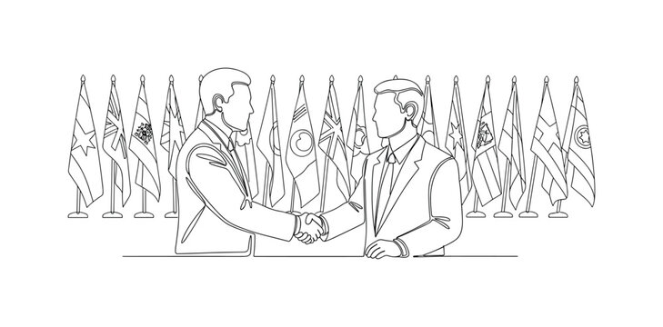 International Diplomacy. Minimalistic one-line drawing diplomats shaking hands across a table with flags behind them, continuous single black line on white