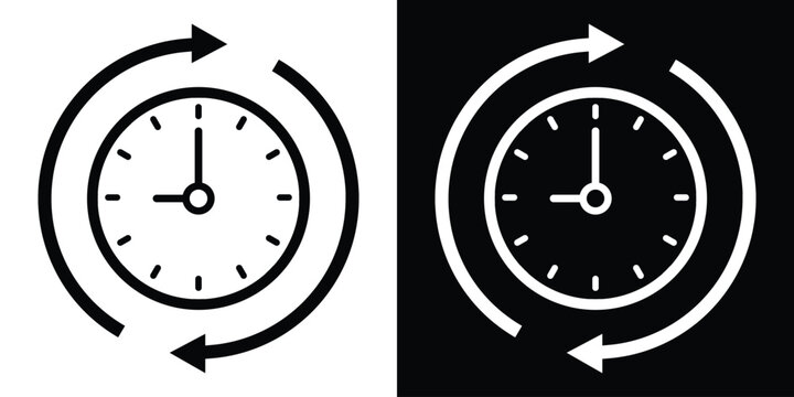 Minimalist clock icon with circular arrows indicating refresh, history, or update. Vector line art in black and white versions, perfect for time management and process tracking concepts.