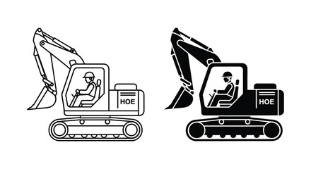 Two excavators depicted in black and white line art a striking silhouette © nhpvect02
