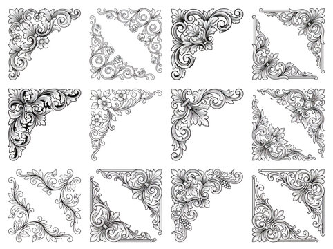 Ornate floral corner designs and borders in a vintage style, perfect for decorative accents and embellishments