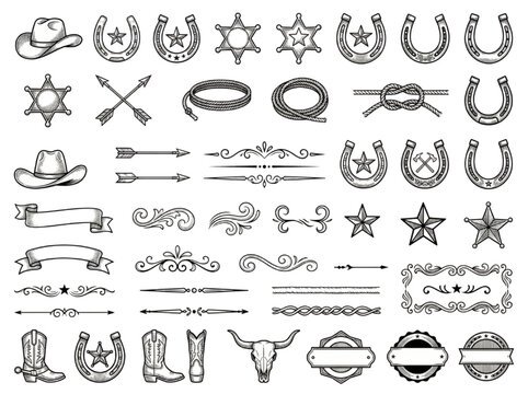 Versatile Collection of Classic Western Graphic Design Elements, Evoking Frontier Spirit and Rustic Heritage for Creative Projects and Authentic Branding