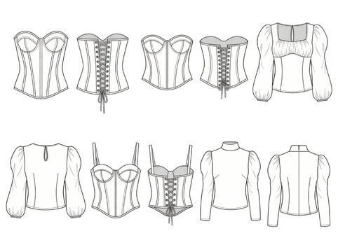 Fashion flats of various women's apparel tops, including strapless corsets, laced bustiers, and elegant long-sleeved blouses, ideal for design and garment production templates