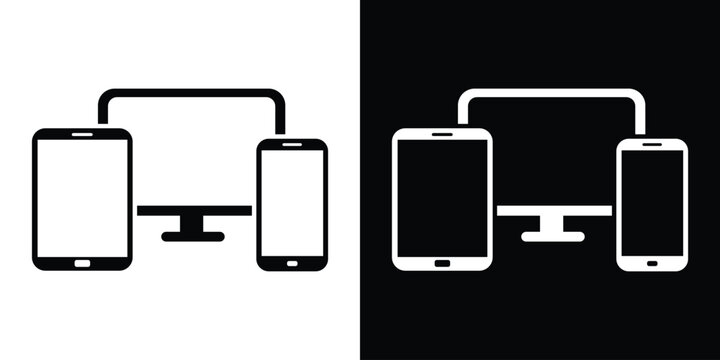 Laptop, tablet, and smartphone icons arranged together, symbolizing responsive design, cross-platform synchronization, digital connectivity, and modern workspace technology.