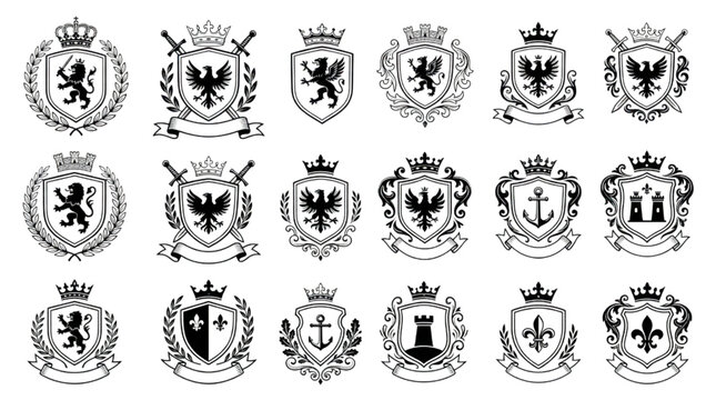 Collection of Heraldic Crests, Shields, and Emblems Featuring Lions, Eagles, and Crowns for Branding and Design