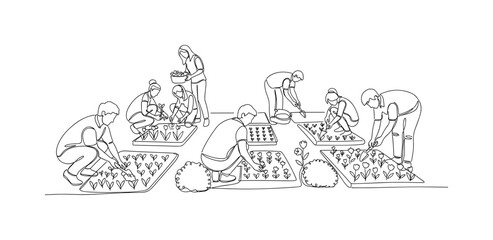 Obraz premium Community Gardeners. Minimalistic one-line drawing individuals collaborating in urban garden plots, continuous single black line on white background, simple
