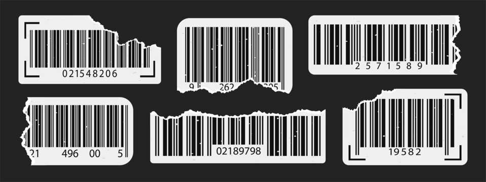 Label paper torn with ean barcode png and phone scan y2k. Sticker code grunge with old cut isbn and mobile product vintage. Vector graphic label with bar design ean and frame geometric barcode.