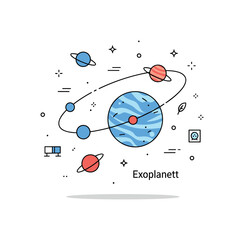 Naklejka premium Infinite space exoplanet discovery concept where distant planets are highlighted in orbit while tiny sparkle and line icons emphasize observation, mystery, and