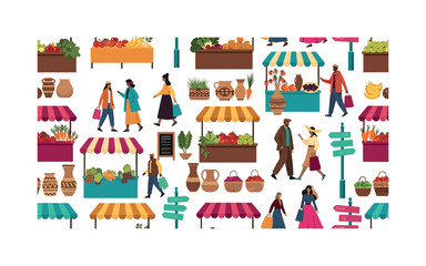 Obraz premium market exploration patterns seamless pattern, repeating pattern, surface design, textile print, modern illustration of street market stalls, shoppers, fruits,