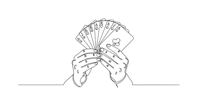 Card Trick. Minimalistic one-line drawing magician or player fanning cards with visible symbols, continuous single black line on white background, simple