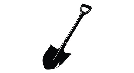 A simple black silhouette depicts a garden shovel angled diagonally against a white background high quality © Niloy MotionArts 3D7
