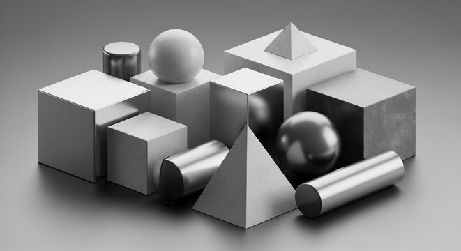 Geometric shapes composition, monochrome, studio shot, modern art, minimalist design.