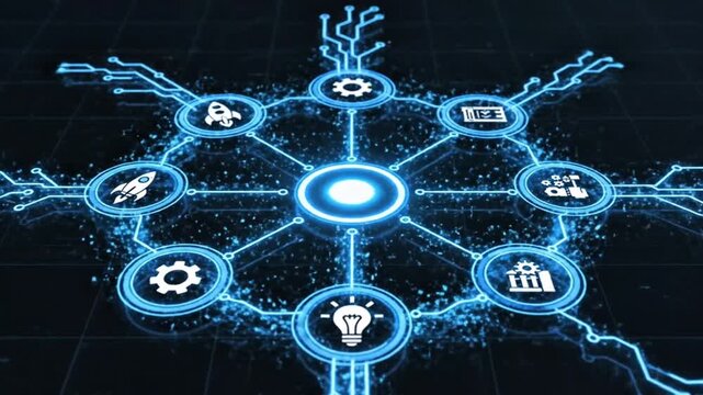 4K startup-themed circular infographic with 7 nodes, animated connecting lines, modern blue neon accents, dynamic scaling transitions, digital business concept, clean dark UI