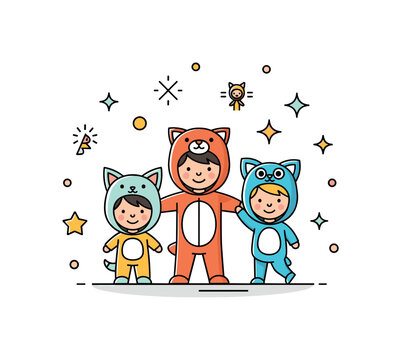 Kids in costumes playdate scene where children wear animal and character costumes while small sparkle and star icons emphasize imagination, friendship, and