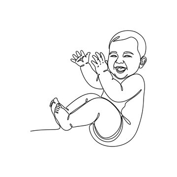 Baby Happiness. Minimalistic one-line drawing giggling baby with legs bent and arms up, continuous single black line on white background, simple outline style,