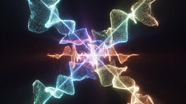 Abstract visualization of sound waves and energy pulses in a cosmic environment with vibrant colors