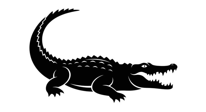 Black silhouette of a powerful alligator with open jaws.