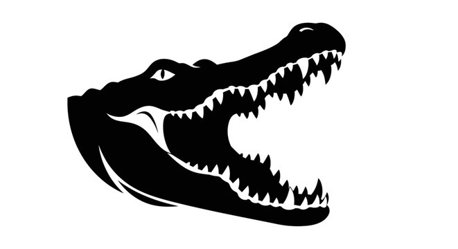 Alligator head with open mouth showing sharp teeth in black and white.