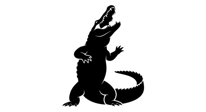 Black silhouette of a roaring alligator standing on its hind legs, isolated on a white background, showcasing its powerful stance and open jaws.