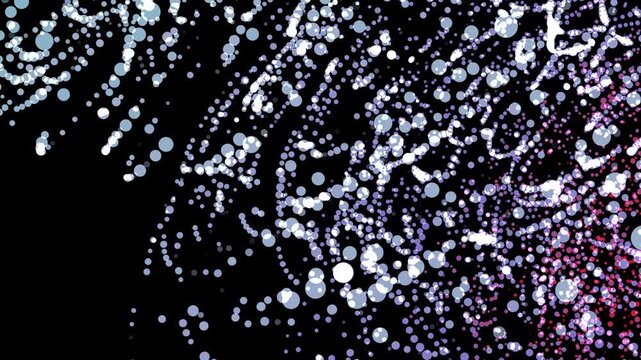 Abstract loop cluster of glowing white and purple particles forming a dynamic wave pattern on a black background.