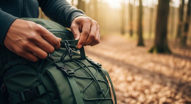 Hands securing trekking backpack strap in forest, travel preparation and outdoor adventure on woodland path