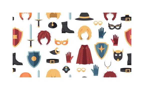 cosplay elements motifs seamless pattern, repeating pattern, surface design, textile print, modern illustration of wigs, swords, shields, masks, gloves, capes,