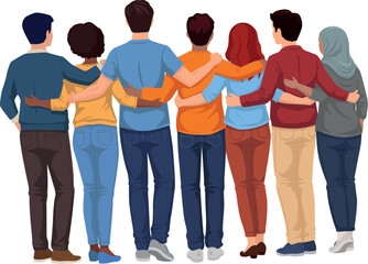 Illustration vectorielle montrant un groupe de personnes unies, bras dessus bras dessous, symbolisant la solidarité et la diversité