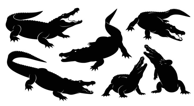 Collection of black crocodile and alligator silhouettes in various poses.