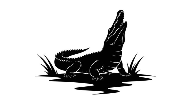 Alligator roaring in the swamp, black and white vector illustration.