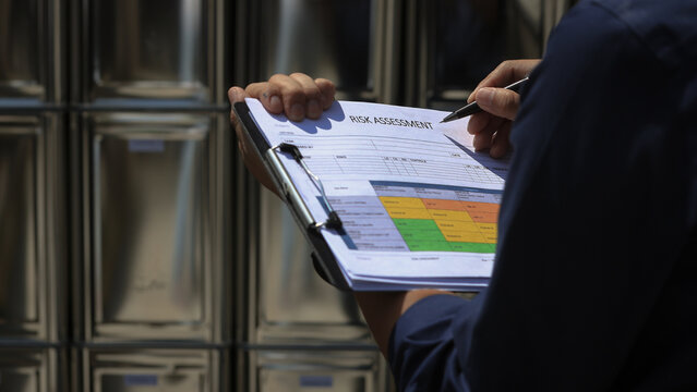 Focused professional holds clipboard and document for safety hazard identification during an inspection using checklist