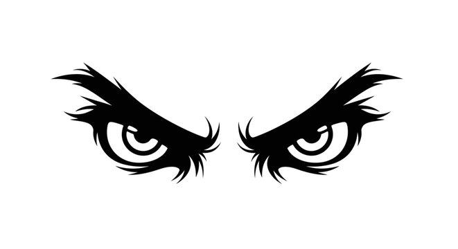 Intense black eyes with sharp brows on a white background, conveying a fierce and watchful expression.