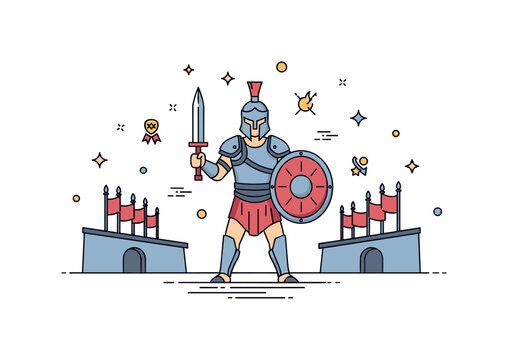 Battle-ready costumes gladiator arena concept where a fighter wears armor and shield while small sparkle and line icons emphasize bravery, competition, and