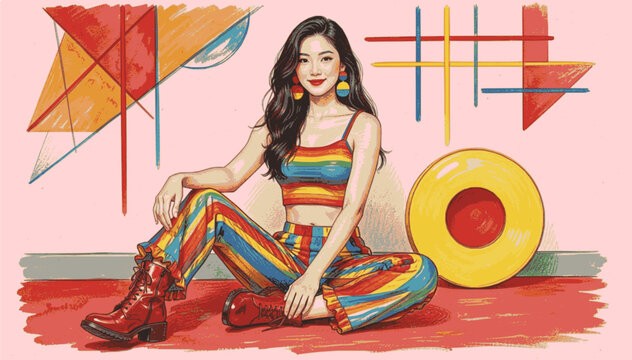  ilustraci&oacute;n vibrante y estilizada con fondo din&aacute;mico de inspiraci&oacute;n retro. muestra a una joven de cabello largo y oscuro sentada con colores vivos.