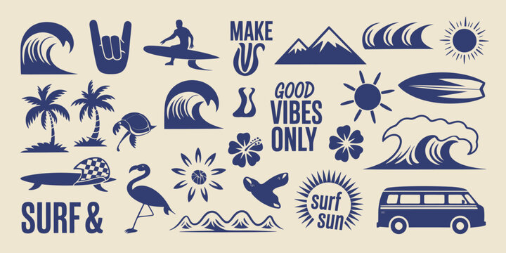 Tropical beach and surf-themed vector set showcasing palm trees, rolling waves, surfboards, vintage van, flamingos, and ocean-inspired elements with creative quotes, crafted in a bold graphic 
