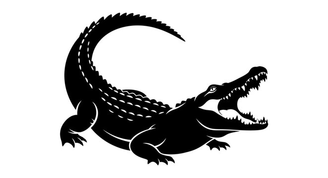 Black silhouette of a fierce crocodile with open jaws, ready to strike, on a clean white background.