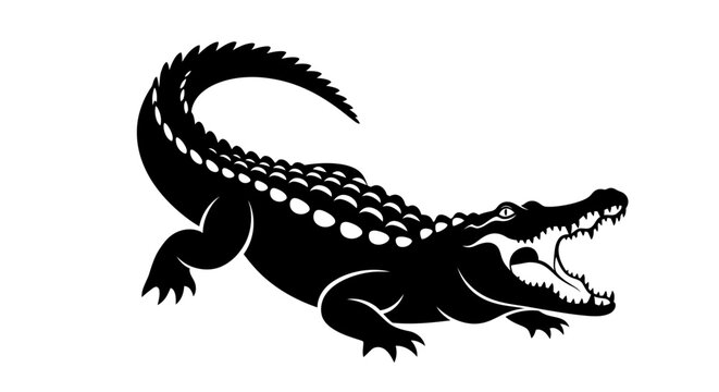 Black silhouette of a fierce crocodile with open jaws.