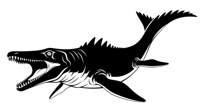 Mosasaurus prehistoric marine reptile black and white illustration.