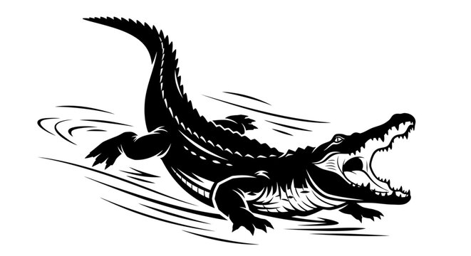 Powerful alligator emerges from water with open jaws.