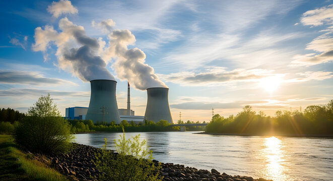Nuclear power plant with cooling towers emitting steam at sunset by a river in a scenic landscape