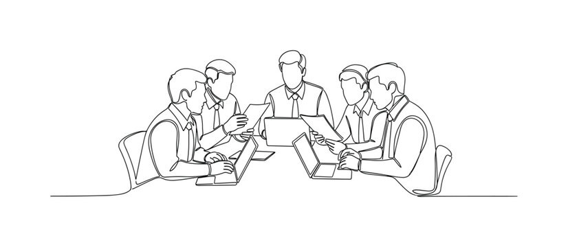 Workgroup Discussion. Minimalistic one-line drawing team members sharing ideas with papers and laptops, continuous single black line on white background,