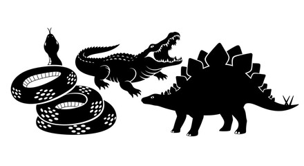 Silhouettes of a coiled snake, an aggressive alligator, and a stegosaurus dinosaur on a white background. © Jimy