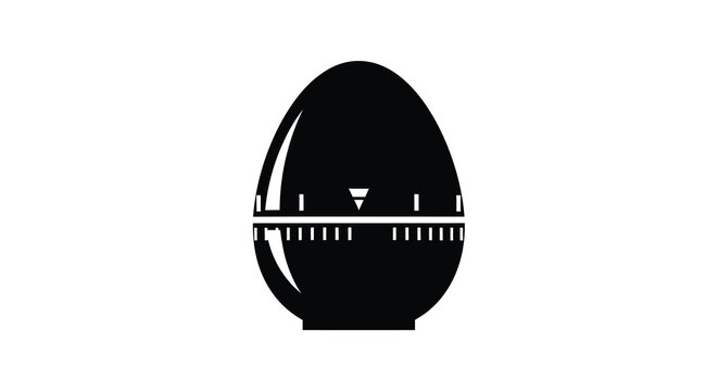 A stark black and white illustration depicting an egg shaped kitchen timer centered on a white background