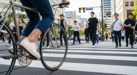 Fototapeta premium Asian young adult man riding bicycle across city crosswalk, urban commuting and active lifestyle in busy street