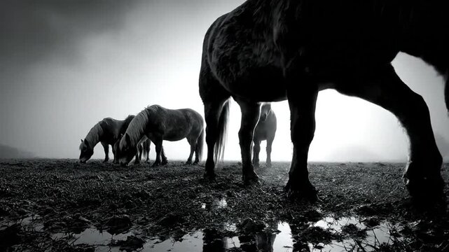 Black and white shot of wild horses grazing in a foggy field during a cloudy and overcast day