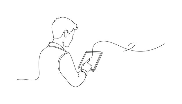 Digital Subscription Model. Minimalistic one-line drawing person interacting with recurring digital content service, continuous single black line on white