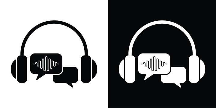 Professional vector icon featuring headphones with speech bubbles and sound waves. Ideal for customer support, call centers, voice messaging, language translation, and online consultation.