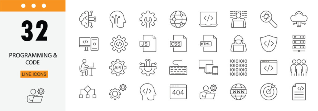 Programming and code icons set representing coding, software development, scripts, debugging, algorithms, web development and IT systems . Editable Stroke.