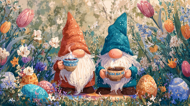 Two cute Easter gnomes drinking coffee tea in spring flower garden with colorful decorated eggs and tulips. Whimsical watercolor illustration of garden gnomes for Easter greeting card, poster, print