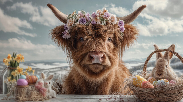 Cute fluffy highland cattle with floral wreath and white Easter rabbits with colorful eggs. Trendy funny animal Easter content for social media post, card, print